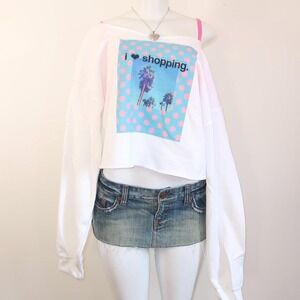 y2k i heart shopping off shoulder cropped sweatshirt fleece graphic